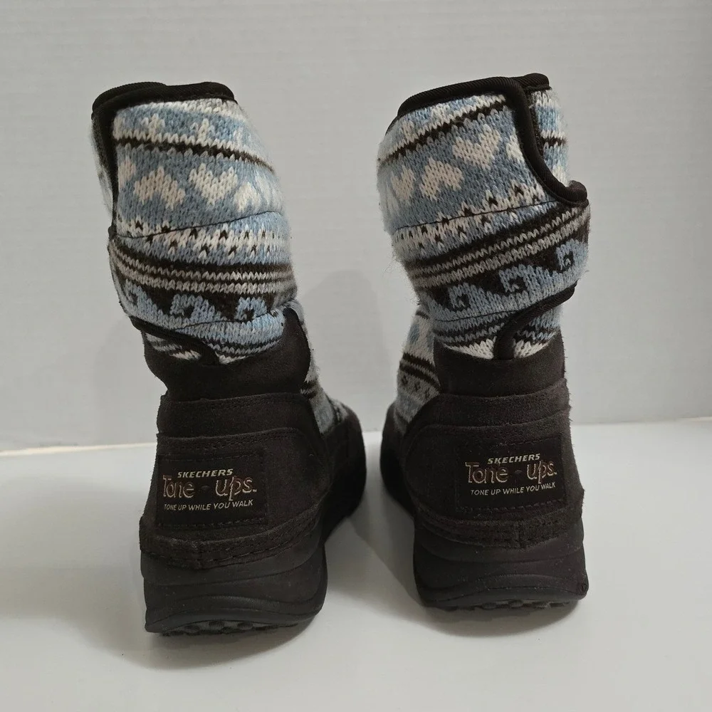 Skechers Tone-ups Cozy Knit Winter Boots Womens Size 7 Blue‎ Fair Isle Heritage